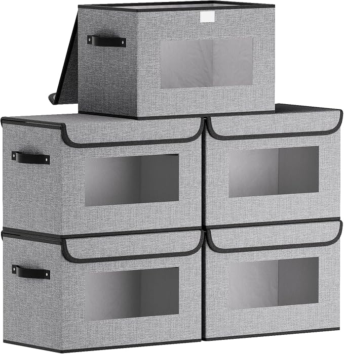 Gray Storage Baskets with Lid,Closet Bin,15x9.8x9.8in,5Pack | Storage Bin with Handles,Portable Decorative Box for Clothes,Hat, Books,Shelf Baskets,Closet Organizers for Bedroom