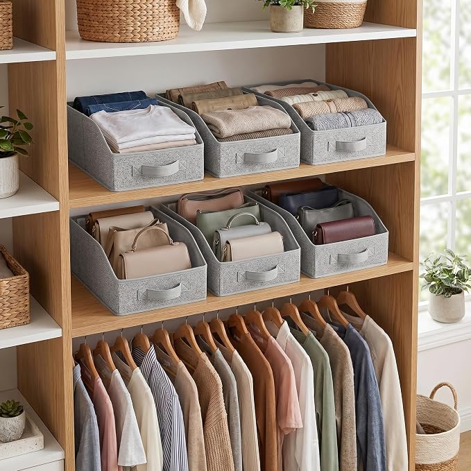 GRANNY SAYS Trapezoid Closet Storage Bins, Storage Baskets for Shelves, Linen Closet Organizers and Storage, Closet Organizer Bins for Clothes, Toys, Towels, Gray, 6-Pack
