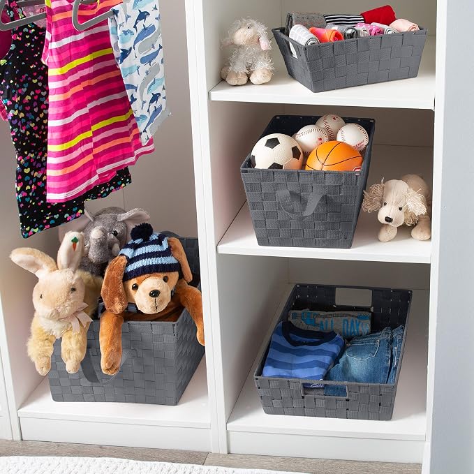 Simplify 2 Pack Large Storage Shelf Totes with Woven Strap in Grey | Decorative | Baskets | Organization | Accessories | Drawer | Desk | Closet | Bathroom | Bedroom | Nursery | Toys | Gifts