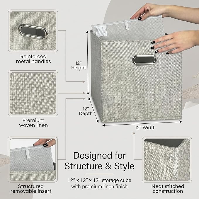 12x12 White Sand Fabric Storage Cubes, 4 Pack – Foldable Linen-Look Cube Organizer Bins with Handles, Collapsible Cubby Baskets for Closet, Shelves, Nursery, Dorm Room & Cube Storage
