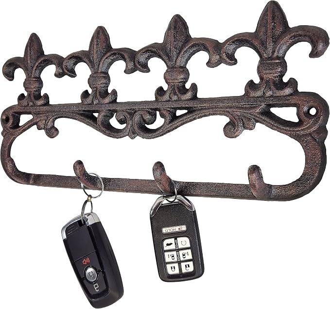 Lulu Decor, Cast Iron Fleur De Lis Key Hook Wall Mount Decorative Hanger Unique, Rustic and Strong (4 Hooks)