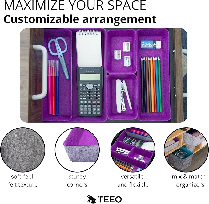 Teeo - Drawer Organizer Tray - Bathroom Drawer Storage - Purple Office Supplies Desk Accessories - Drawer Makeup Organizer - Home Office Cosmetic Bins Dividers Box Compartment - Pack of 7, Purple