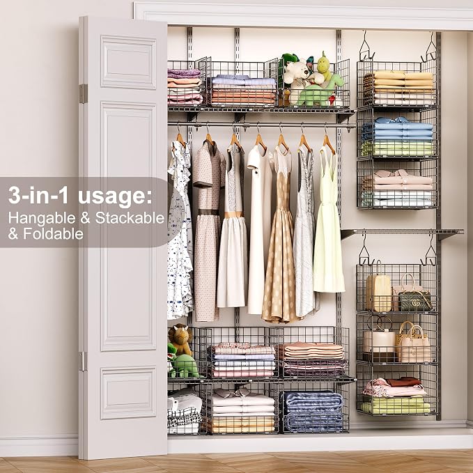Sonyabecca 3-Tier Hanging Closet Organizers and Storage, Foldable Stackable Wire Basket Bins with 5 S Hooks, Space-Saving Hanging Closet Shelf for Clothing, Sweaters, Handbags, Hats,Purse