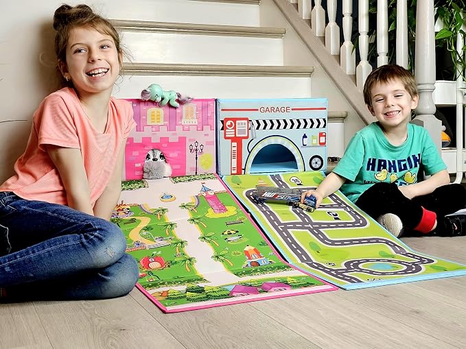 SAM AND MABEL Toy Cars Garage Box – Toy Storage Box with Car Rug Play Mat, Collabsible Storage Organizer for Boys and Girls (GoGarage)