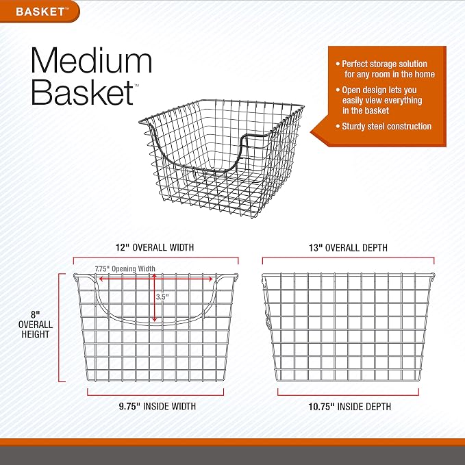 Spectrum Wire Scoop Basket Storage Bin Satin Nickel Nesting Metal Baskets Pack of 2 for Kitchen Pantry Closet Bathroom Garage Organization, Heavy Duty Wire Basket Organizer for Storage Decor