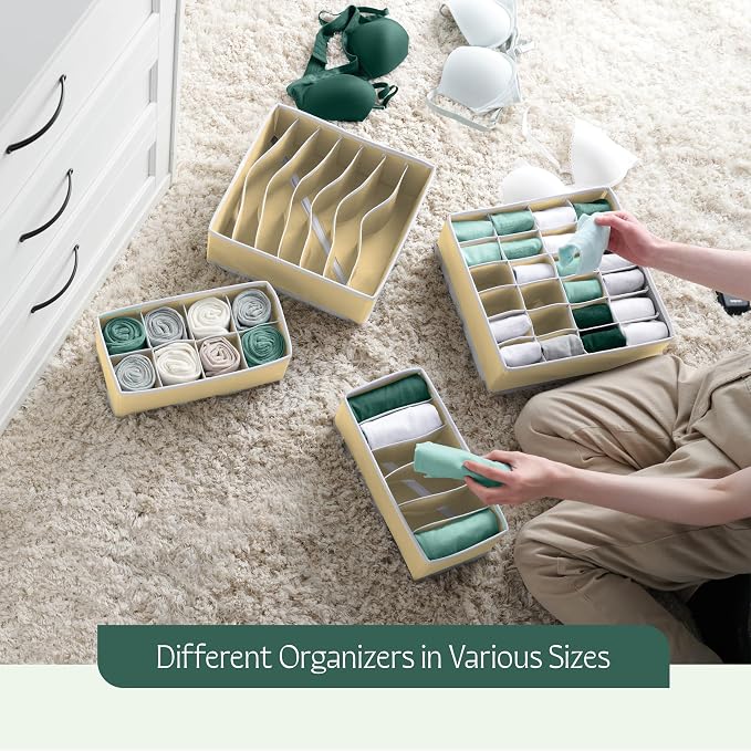 Dresser Organizer, [8 Pk] Beige Fabric Dresser Drawer Organizers (4 Sizes With 90 Slots) Foldable Underwear Drawer Organizer Breathable Bins for Bra, Lingerie, Socks, Scarves, Belt, Tie, Baby Clothes