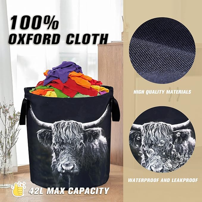 Highland Cow Laundry Basket Animal Foldable Oxford Cloth Funny Tote Bag Laundry Hamper Clothes Storage Bucket Organizer For Bathroom/Laundry Storage/Bedroom Storage Basket 18.9x16.5 Inch