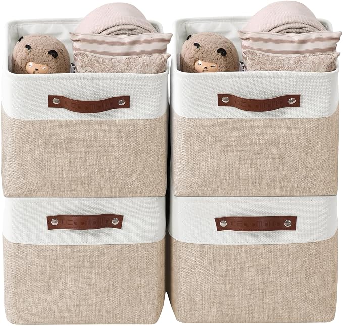 DECOMOMO Storage Bins, Large Fabric Storage Baskets for Shelves, Decorative Linen Closet Organizer, 15 x 11 x 9.5 inches (Beige & White, 4 Pack)