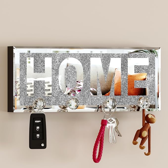 SHYFOY Crystal Clear Hooks Key Holder Key Hanger, Sparkly Mirrored Home Letters Plaque Sign for Decor, Silver Mirror Decoration Wall Art, Wall Mounted Home Decor