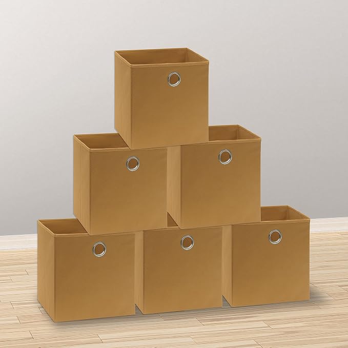 Simple Houseware Foldable Cube Storage Bins with Handles, 11-Inch, Tan, 6-Pack, Fabric Cubes Organizer for Closet or Shelves