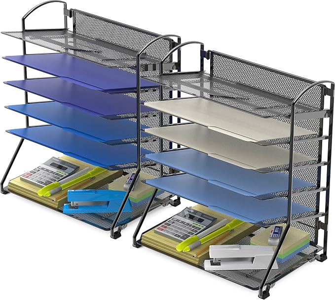 Simple Houseware 6-Tier Desk Organizer & Sliding Paper Tray - Space-Saving Desktop File Holder for Letter & Document Sorting, Black, 2-Pack