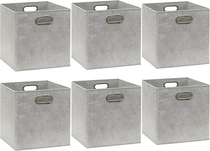Simple Houseware 11-Inch Collapsible Fabric Cube Storage Bin with Handles, Printed Design, 6 Pack, Gray