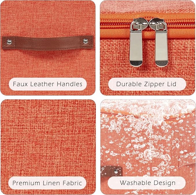2 Pack Storage Bins with Zipper Lid Cotton Linen Fabric Lidded Storage Baskets Boxes Foldable Washable Closet Shelf Clothes Organizer Container with PU Leather Handles (Orange, Large)