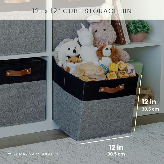 OrganiHaus 12x12 Cube Storage Bins, Set of 4 - Fabric Storage Cubes | Sturdy, holds its shape; odor-free; fits 12-inch cube shelves; vegan leather handles