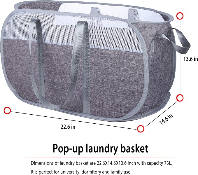 Pop Up Laundry Hamper，with Durable Handles collapsible laundry basket，Easy to Open and Fold for college Dorm,kids room，travel (blue+gray)…