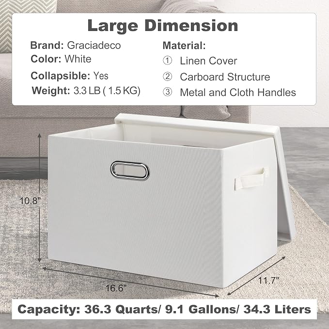 Graciadeco Large 17" 36 Quart Collapsible Stackable Storage Bins with Lids, 3 Packs White Linen Fabric Closet Boxes with Lids, Storage Cube Baskets Container Organizers for Bedroom Office(17 x12 x11)
