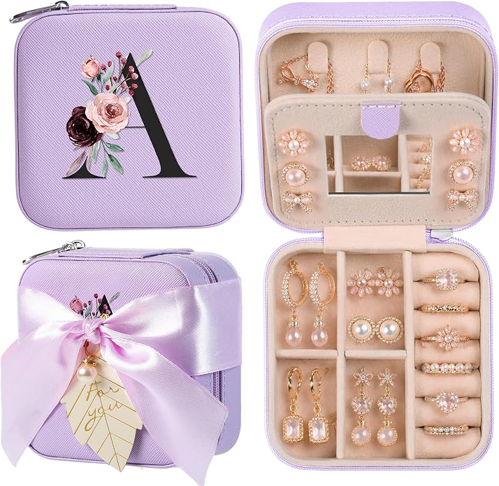 AYGXU Travel Jewelry Box for Women and Girls - Small Case With Initial A-Z - Teacher Gifts