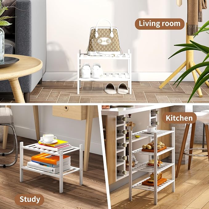 Bamboo Shoe Rack Stackable Shoe Shelf Storage Organizer for Unit Entryway Hallway and Closet Sturdy Freestanding Small Shoe Shelf(2S Tier White)