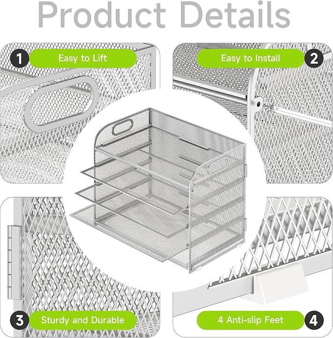Cawukege 5 Tier Paper Organizer with Handle, Silver Metal Mesh Desk Organizer File Folder Paper Letter Tray Desktop Document Sorter for Classroom, School, Office Accessories Organization and Storage