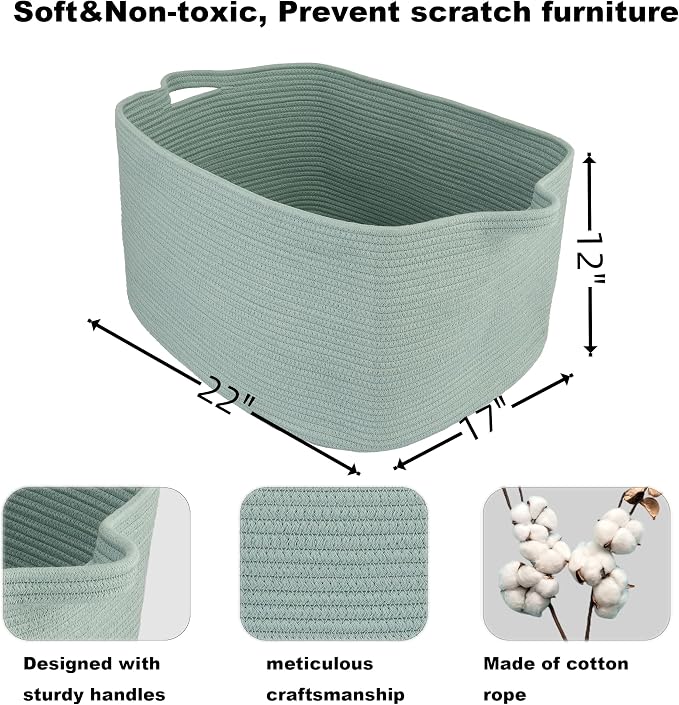 XUANGUO Large Rectangle Blankets Basket Living Room 22"x17"x12" Woven Cotton Rope Storage Baskets for Nursery Toy Baskets for Kids and Dogs Wicker Laundry Basket Bin for Clothes Towels green