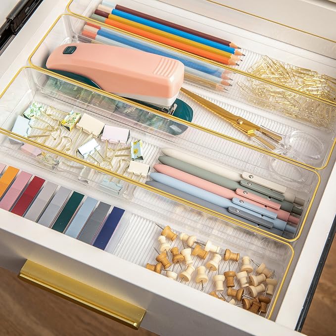 Martha Stewart Kerry Plastic Stackable Office Desk Drawer Organizers, 9" x 3", 8 Pack, with Gold Trim