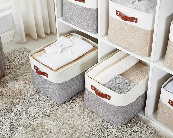 DECOMOMO Storage Bins, Large Fabric Storage Baskets for Shelves, Decorative Linen Closet Organizer, 15 x 11 x 9.5 inches (Grey & White, 1 Pack)