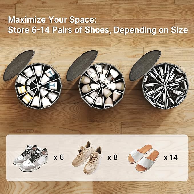 Shoe Organizer for Closet - Cylindrical Shoe Storage Organizer with Fan-Shaped Adjustable Dividers, Anti-Squeeze for High-Top Sneakers & Martin Boots, Foldable Shoe Storage Box, Gray, 2-Pack, Large