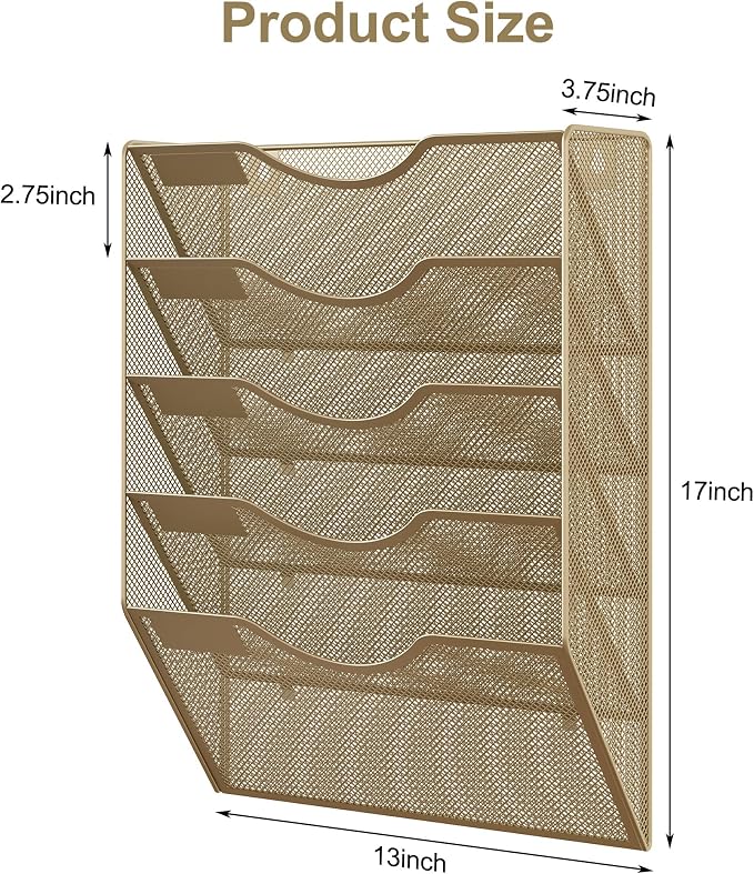 EasyPAG Wall File Organizer 5 Tier Hanging Paper Folder Holder, Zero Assembly Metal Mesh Wall Mounted Mail Organizer for Office Home Classroom Narrow Spaces, Gold