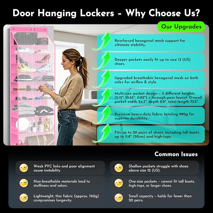 PAULONE Over the Door Organizer Heavy Duty – 96 Lbs Capacity 20 Pair Shoe Rack with Multi-Size Pockets Fits Tall Boots up to 11.8", Breathable Mesh, Metal Hooks – Also for Bags, Toys, Toiletries