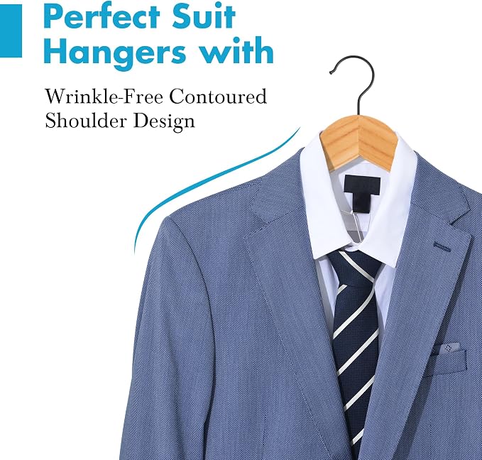 JS HANGER Wooden Hangers 30 Pack, Natural Wood Suit Hangers with Non Slip Shoulder Grooves, Clothes Hangers for Coats, Shirts, Jackets, Pants, Suits
