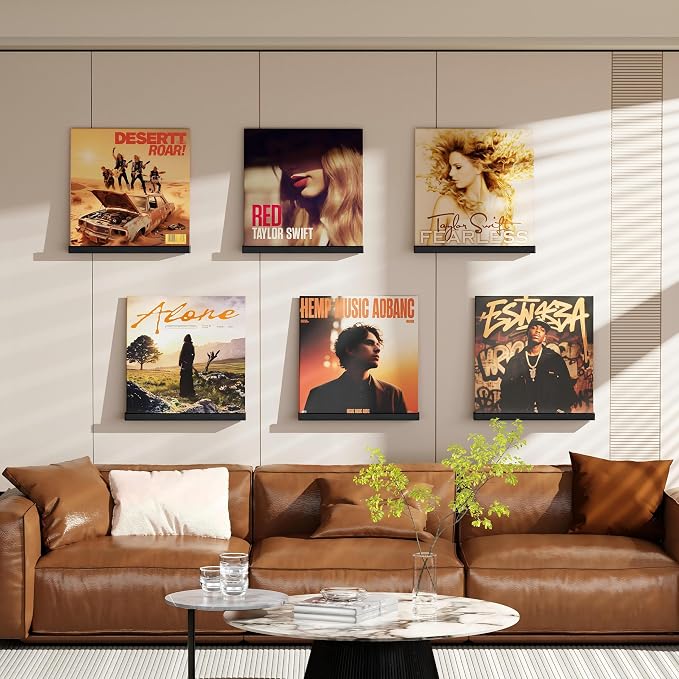 Emfogo Vinyl Record Shelf Wall Mount, 6 Pack Album Record Holder Wall, 12 inch Vinyl Record Storage Shelves Wall, Wood Record Display for Living Room(Black)