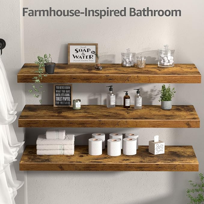 QEEIG 12" Deep Floating Shelves for Wall - 12 x 36 inch Book Shelf Bathroom Bedroom Kitchen Living Room Hanging Bookshelf Farmhouse Set of 3, Brown (026-90BN3)