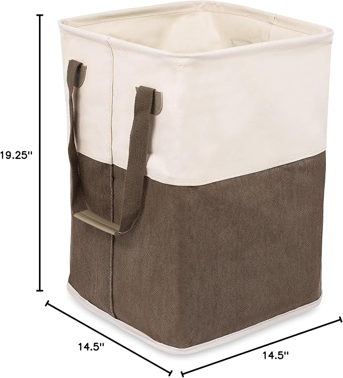 BIRDROCK HOME Square Cloth Laundry Hamper with Handles - Dirty Clothes Sorter - Easy Storage - Foldable - Brown and White Canvas