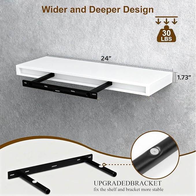 Floating Shelves for Wall(Set of 2)-24 Inch White Wood Wall Shelf with Invisible Brackets for Bathroom,Bedroom,Drawingroom,Kitchen for Decor(White,2pcs)
