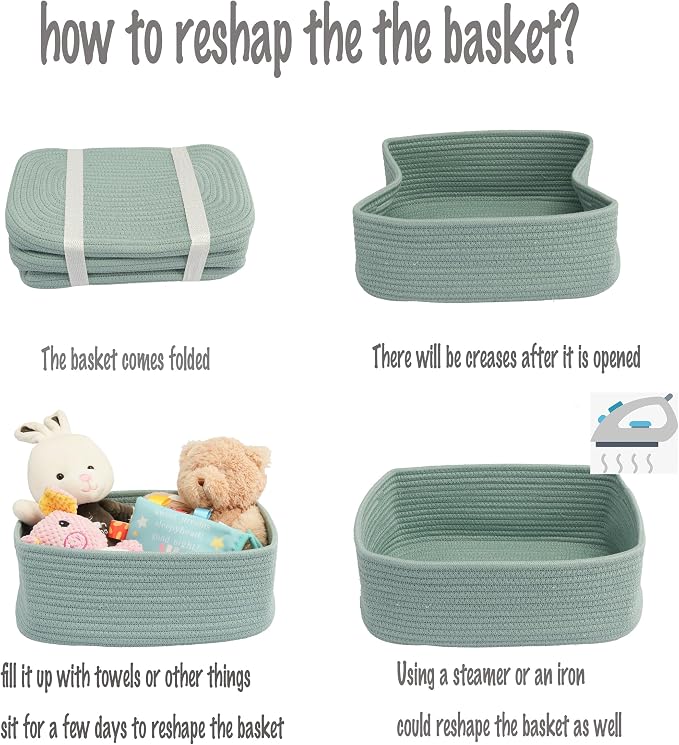 XUANGUO Small Woven Storage Baskets 13“X9”X5“ Decorative Rope Bins for Organizing Shelves, Closets, and Toys, Empty Gift Baskets, Cute Organizer Basket for Home and Office (green, Large)