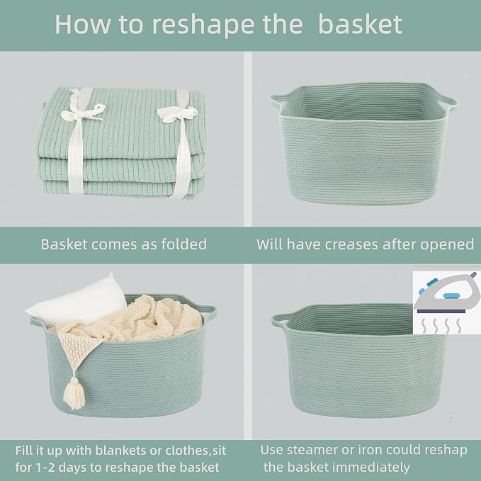 XUANGUO Large Rectangle Blankets Basket Living Room 22"x17"x12" Woven Cotton Rope Storage Baskets for Nursery Toy Baskets for Kids and Dogs Wicker Laundry Basket Bin for Clothes Towels green