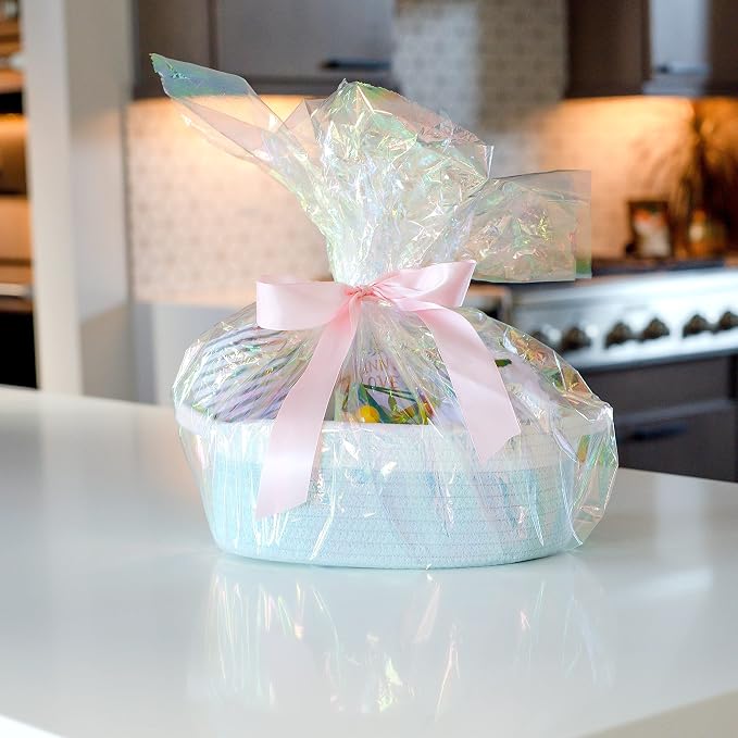 NaturalCozy 3-Piece Oval Storage Basket Set–Cotton Rope Woven Baskets for Storage, Gift Basket Empty, Toy Basket, Soft Baby Basket for Nursery, Cat Dog Toy Baskets, Small Basket (Off White Turquoise)