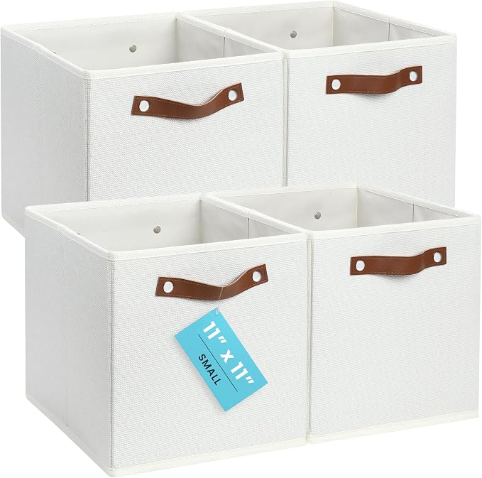 OrganiHaus 11x11 Cube Storage Bins, Set of 4 - Fabric Storage Cubes | Sturdy, holds its shape; odor-free; fits ClosetMaid 11-inch shelves; vegan leather handles