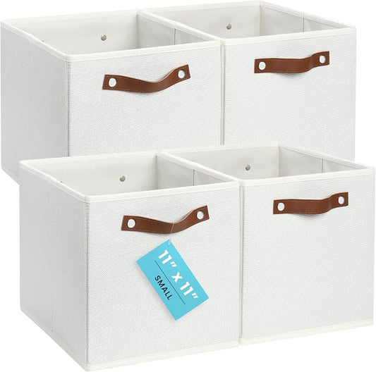 OrganiHaus 11x11 Cube Storage Bins, Set of 4 - Fabric Storage Cubes | Sturdy, holds its shape; odor-free; fits ClosetMaid 11-inch shelves; vegan leather handles