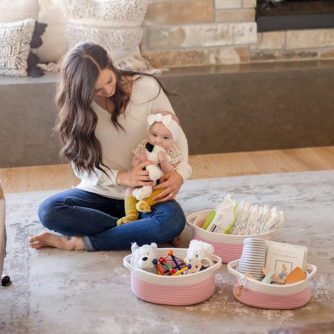 NaturalCozy 3-Piece Oval Storage Basket Set– Cotton Rope Woven Baskets for Storage, Gift Basket Empty, Toy Basket, Soft Baby Basket for Nursery, Cat Dog Toy Baskets, Small Basket (Off White & Pink)