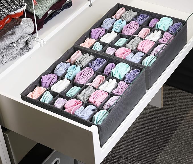 Simple Houseware 2 Pack Closet Sock Organizer, 24 Cell Drawer Divider, Dark Gray