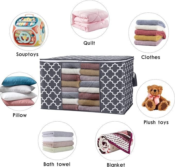 WISELIFE Storage Bags, Large Blanket Clothes Organization and Storage Containers for Bedding, Comforters, Foldable Organizer with Reinforced Handle, Clear Window,Sturdy Zippers,(Grey, 2 x 100L)