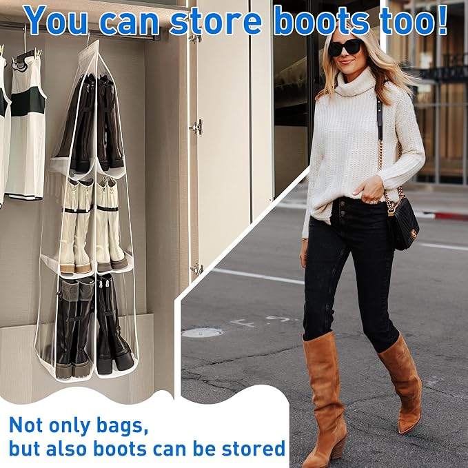 Purse Organizer for Closet, Large Capacity-19.69" Height for Oversized Purses&Tote Bags, Backpacks, Tall Boots,with 12 Boot Shapers, Hanging Purse Organizer,White