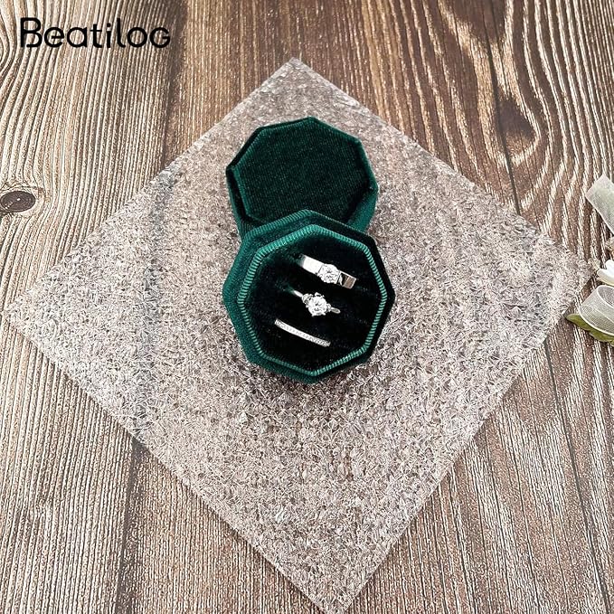 Velvet Ring Box 3 Slots Wedding Day - Octagonal Premium Rings Holder Handmade Ring Bearer Jewelry Storage Organizer for Wedding Ceremony, Christmas, Photography Prop (Emerald)
