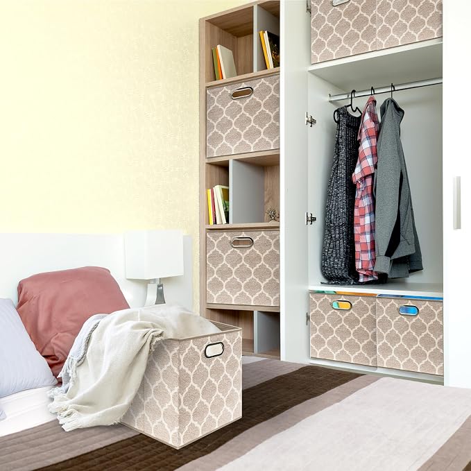 Simple Houseware 13-Inch Collapsible Fabric Cube Storage Bin with Handles, Printed Design, 3 Pack, Beige