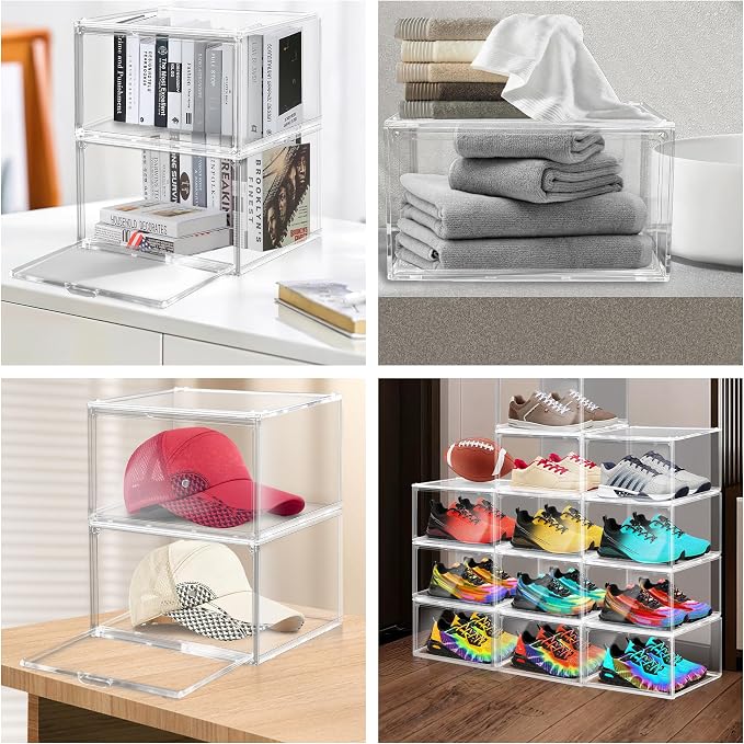 12 Pack Plastic Shoe Storage Boxes Fit US Size 13, Clear Stackable Shoe Display Case with Acrylic Magnetic Side Door, Shoe Containers for Sneaker Storage, Hats, Figure, Collectible
