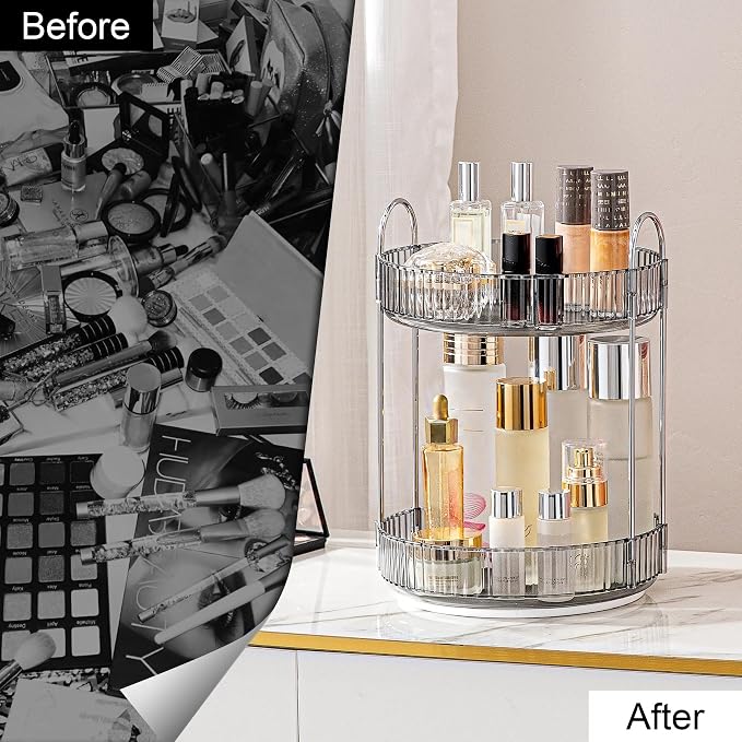 360 Rotating Makeup Organizer for Vanity, Bathroom Countertop Spinning Perfume Organizer, High-Capacity Cosmetic and Skincare Dresser Make Up Holder Rack (2 Tiers, Grey)