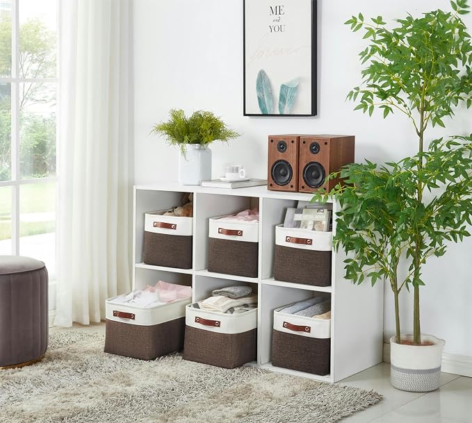 DECOMOMO Storage Bins, Large Fabric Storage Baskets for Shelves, Decorative Linen Closet Organizer, 15 x 11 x 9.5 inches (Brown & White, 3 Pack)