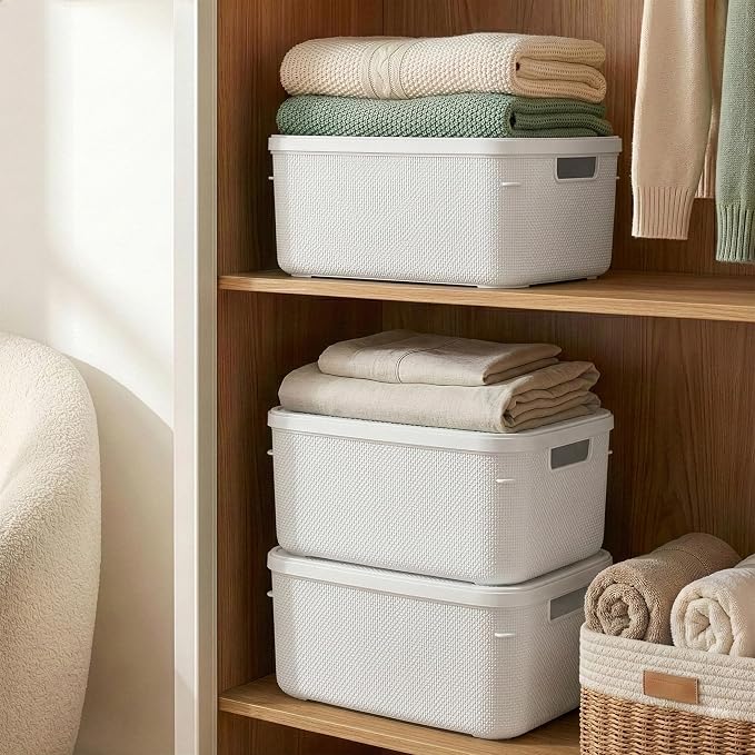 BINO | Plastic Storage Bins with Lids, 13 Liter - 3 Pack, White | THE TWILL COLLECTION | Plastic Bins for Organization | Woven Storage Baskets for Organizing | Pantry Shelf Organizer Basket Bin