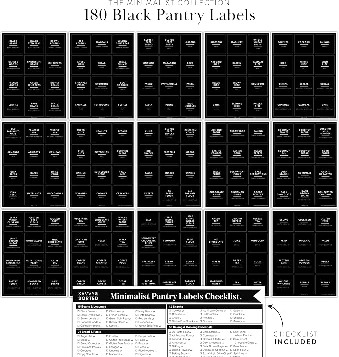 SAVVY & SORTED Black Labels for Containers, 180 Kitchen Labels for Food Storage Container, Pantry Labels for Food Storage, Organize Pantry Essentials Canister Label